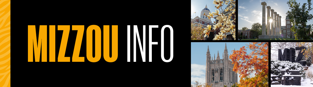 Mizzou Info graphic showing the name of the application and photos of campus buildings