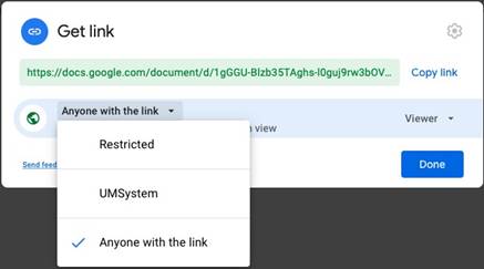 Get Link screen showing the link type change to "anyone with the link"