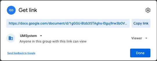 Google Get Link screen showing options for a Google link